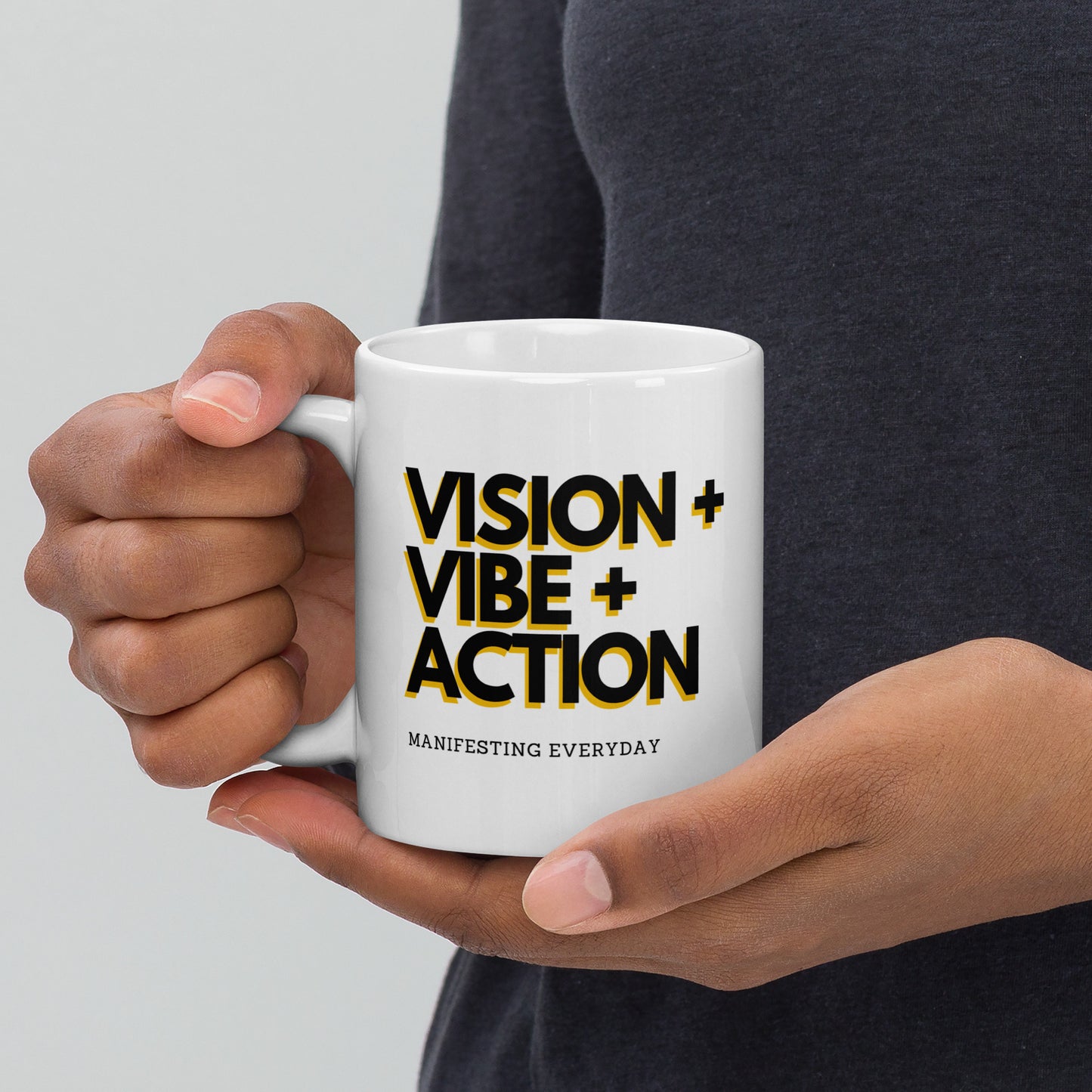 Vision + Vibe + Action White glossy mug