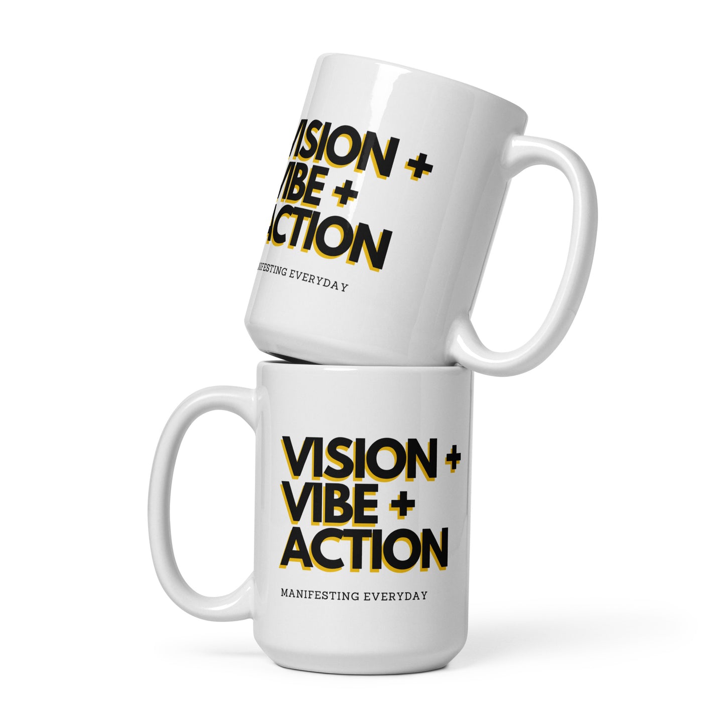 Vision + Vibe + Action White glossy mug