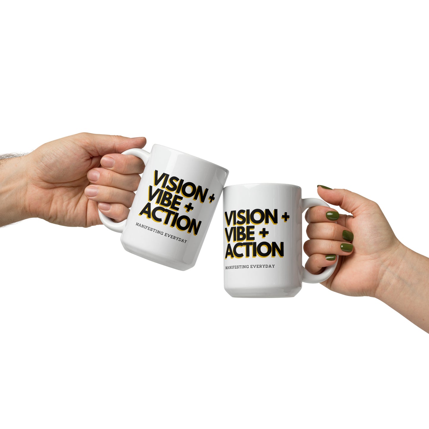 Vision + Vibe + Action White glossy mug