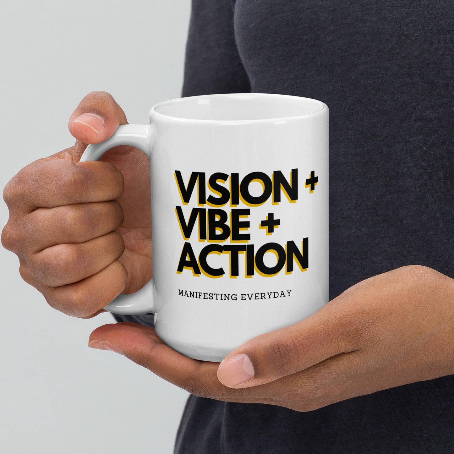 Vision + Vibe + Action White glossy mug