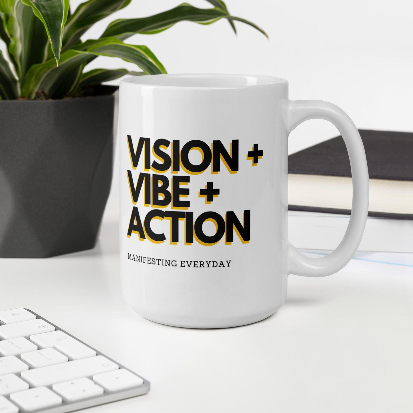 Vision + Vibe + Action White glossy mug